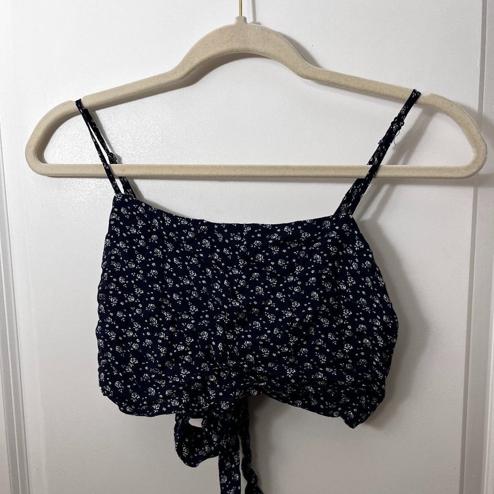 Brandy Melville Floral Cropped Tie Back Tank Top (Dark Blue)